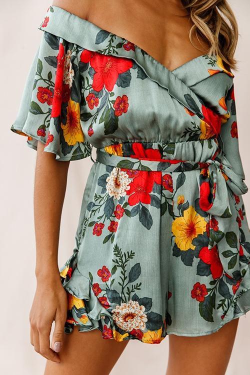Ruffles Floral Print V Neck Belted Romper