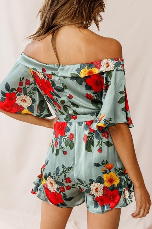 Ruffles Floral Print V Neck Belted Romper