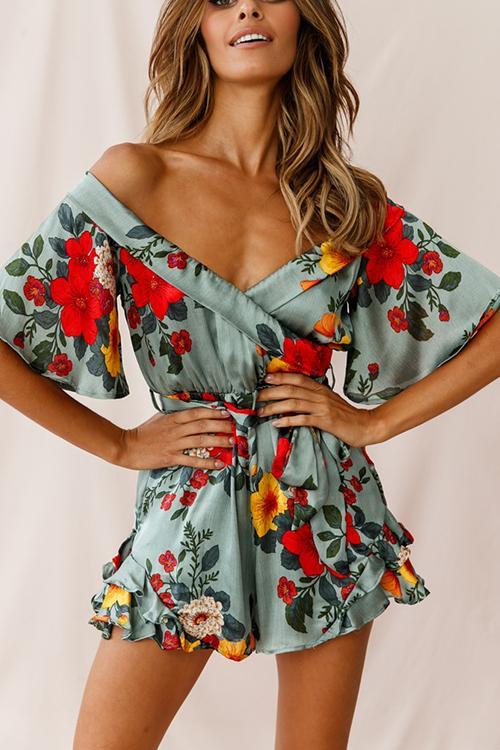 Ruffles Floral Print V Neck Belted Romper