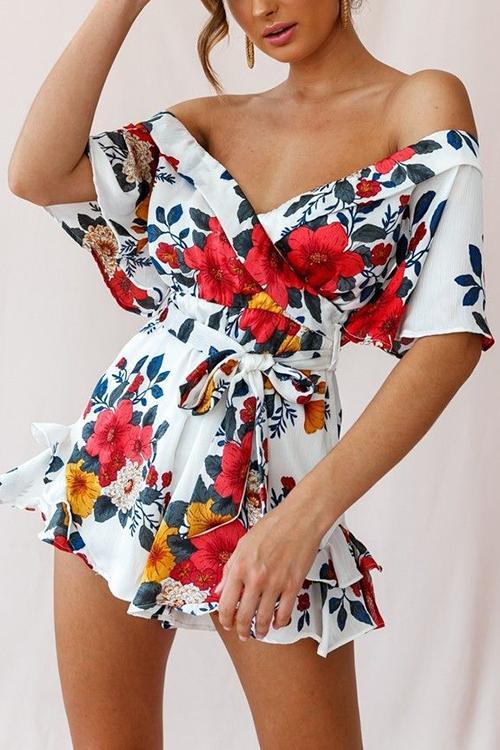 Ruffles Floral Print V Neck Belted Romper