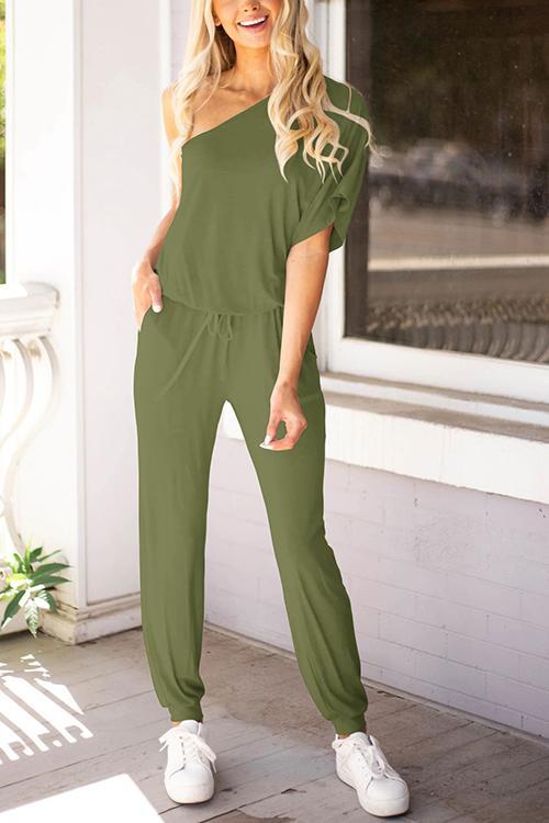 One Shoulder Drawstring Jumpsuits