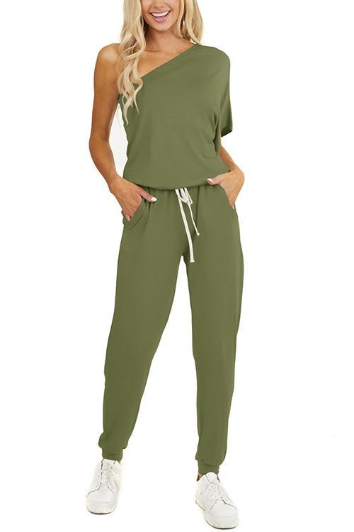 One Shoulder Drawstring Jumpsuits