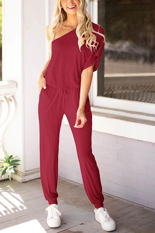 One Shoulder Drawstring Jumpsuits