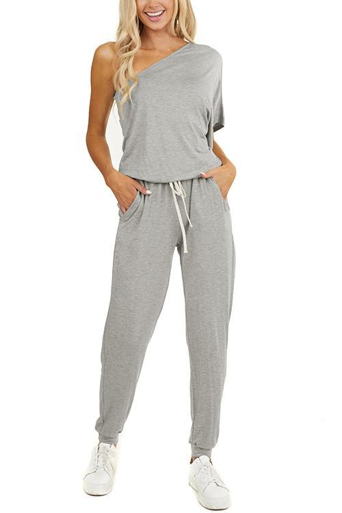 One Shoulder Drawstring Jumpsuits