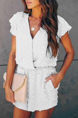 Pom Pom V Neck Short Sleeve Romper