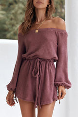 Off Shoulder Drawstring Long Sleeve Romper