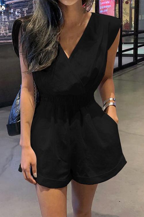 V Neck Backless Pockets Romper
