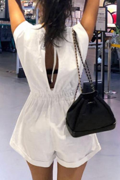 V Neck Backless Pockets Romper
