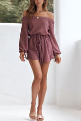 Off Shoulder Drawstring Long Sleeve Romper