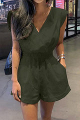 V Neck Backless Pockets Romper