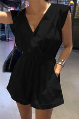 V Neck Backless Pockets Romper