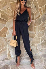 Slit Close Drawstring Slip Jumpsuits