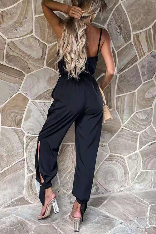 Slit Close Drawstring Slip Jumpsuits