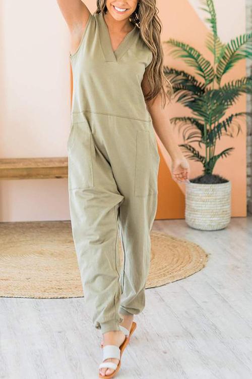 V Neck Pockets Harem Jumpsuit