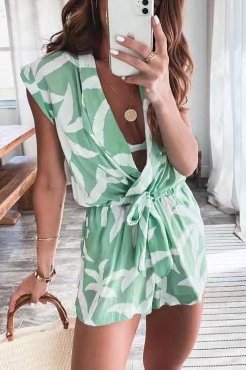 Leaf Lapel Drawstring Sleeveless Romper