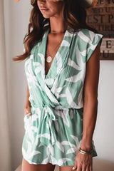 Leaf Lapel Drawstring Sleeveless Romper