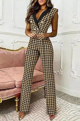Houndstooth Button Lapel Neck Tank Jumpsuits