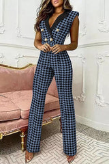Houndstooth Button Lapel Neck Tank Jumpsuits