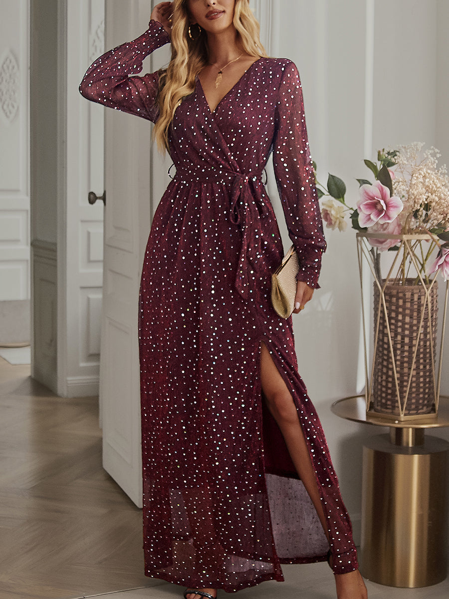 Women's Dresses Tie Waist Slit V Neck Long Sleeved Maxi Dress