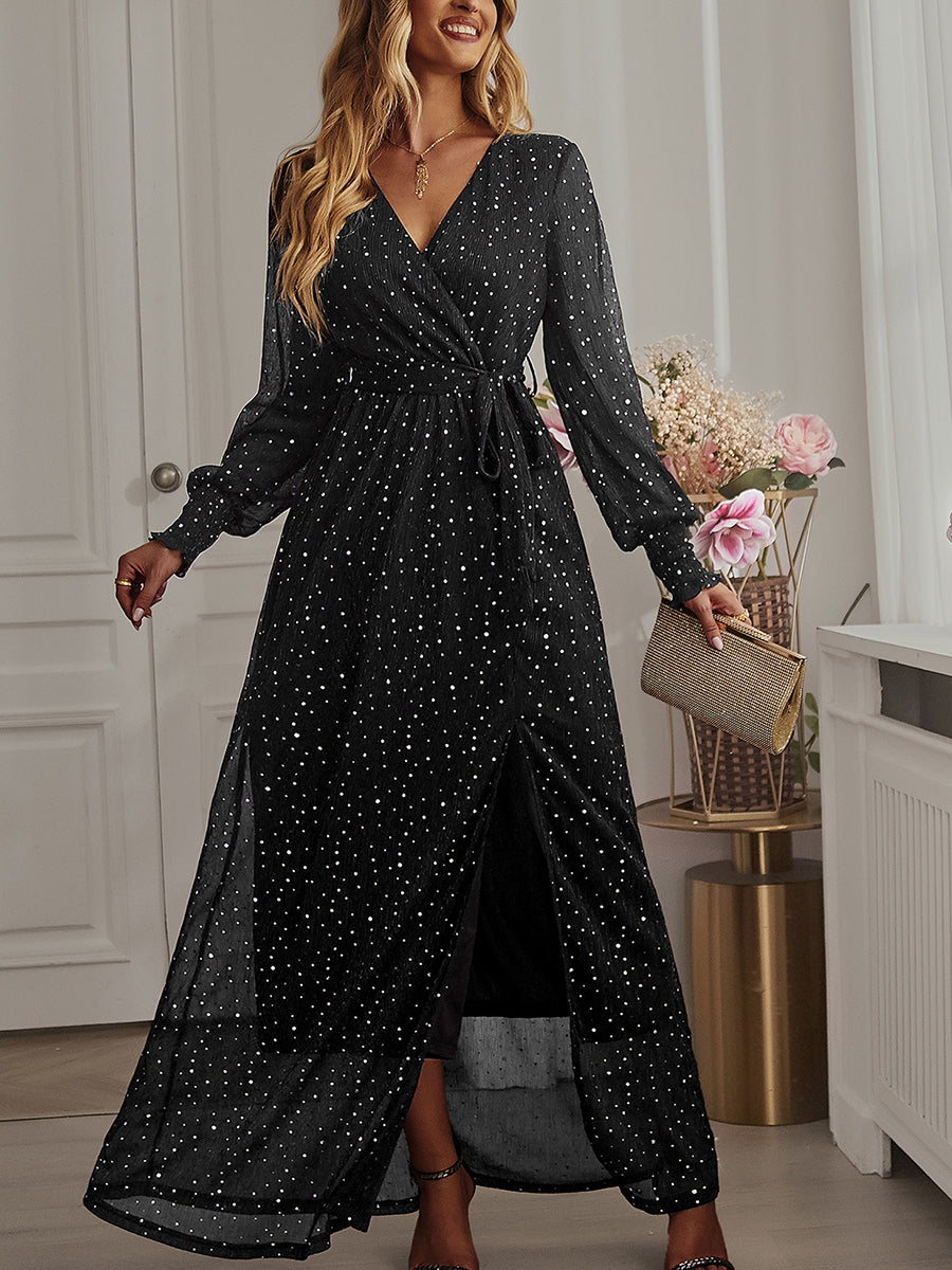 Women's Dresses Tie Waist Slit V Neck Long Sleeved Maxi Dress