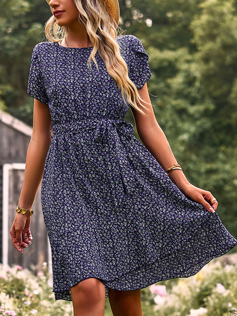 Women's Dresses Temperament Floral Casual Strap Waist Round Neck Mini Dress