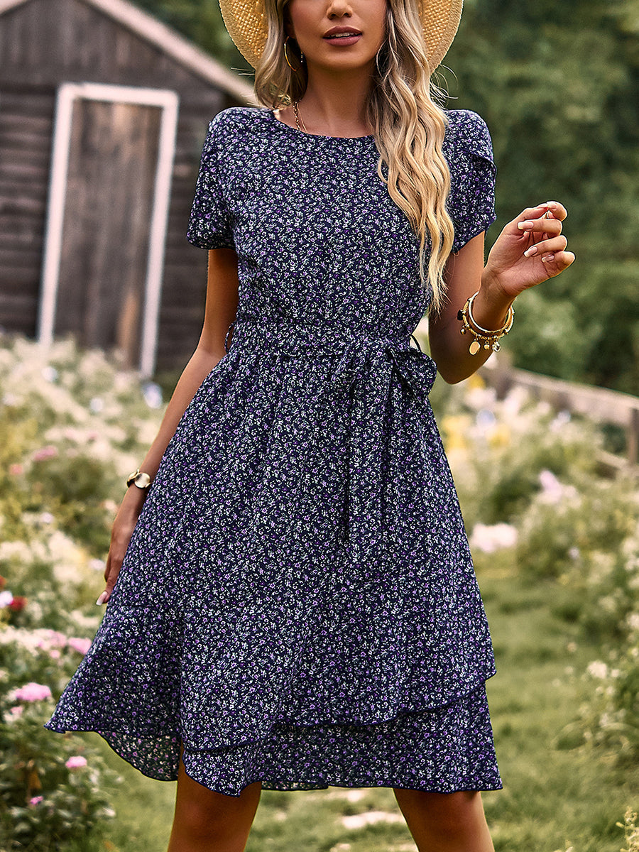 Women's Dresses Temperament Floral Casual Strap Waist Round Neck Mini Dress