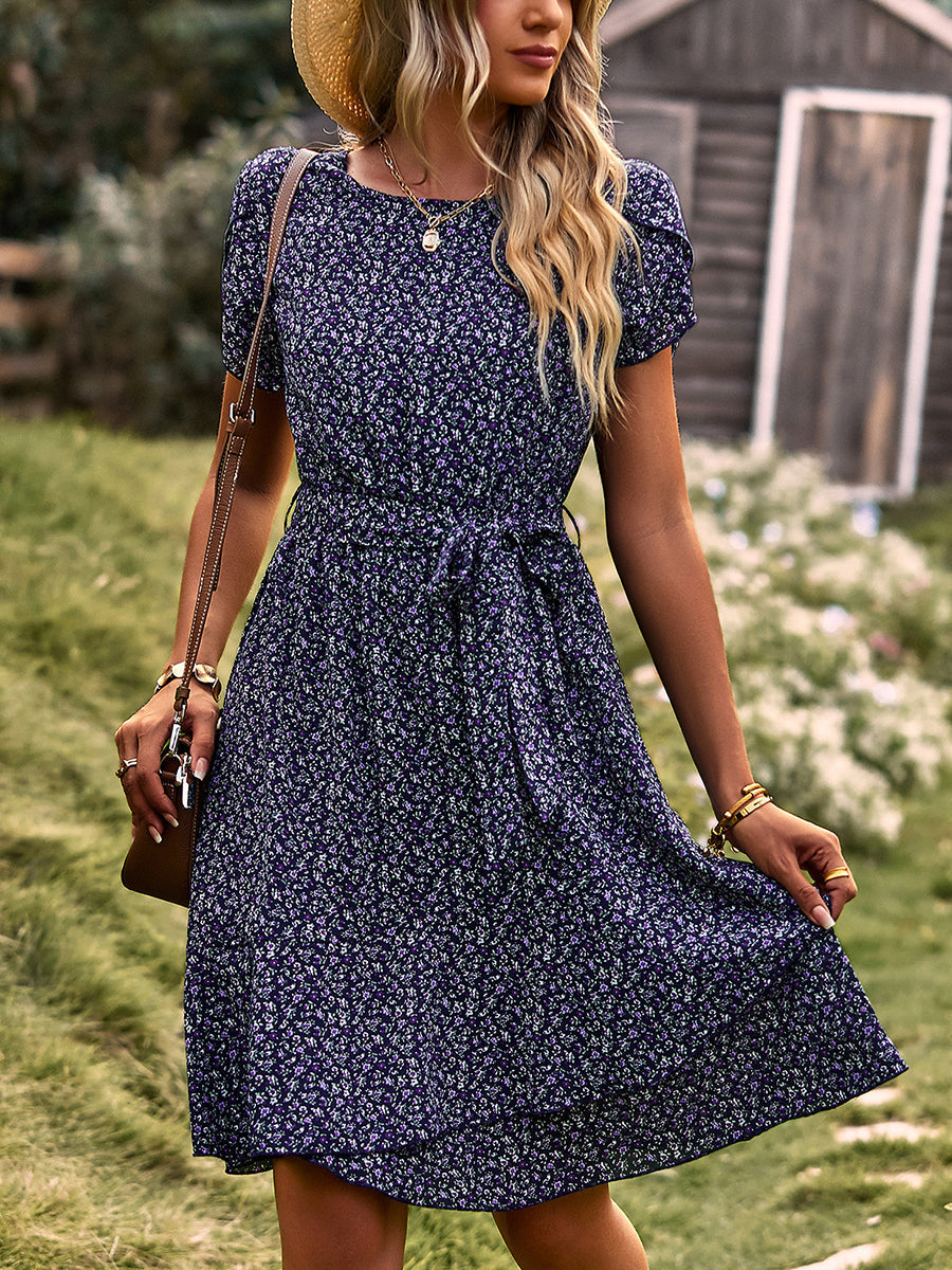 Women's Dresses Temperament Floral Casual Strap Waist Round Neck Mini Dress