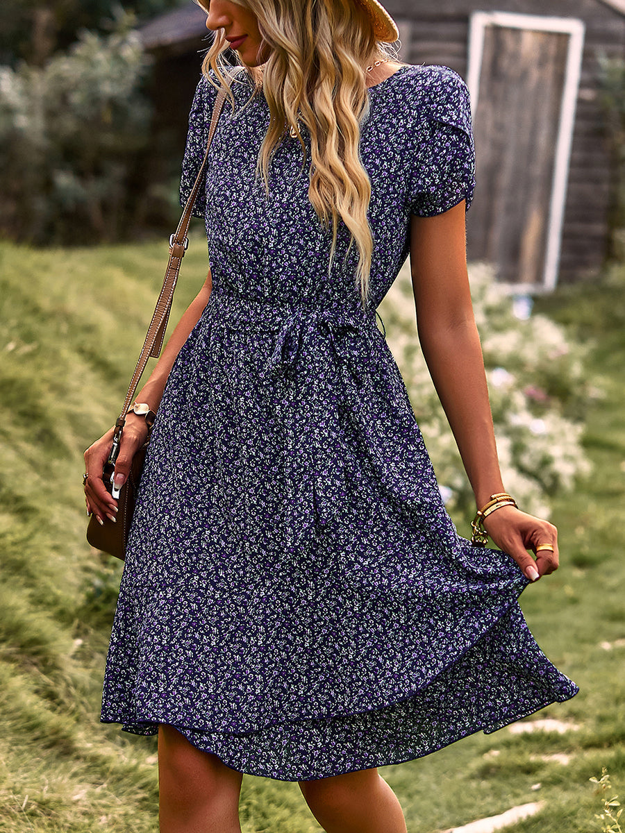 Women's Dresses Temperament Floral Casual Strap Waist Round Neck Mini Dress