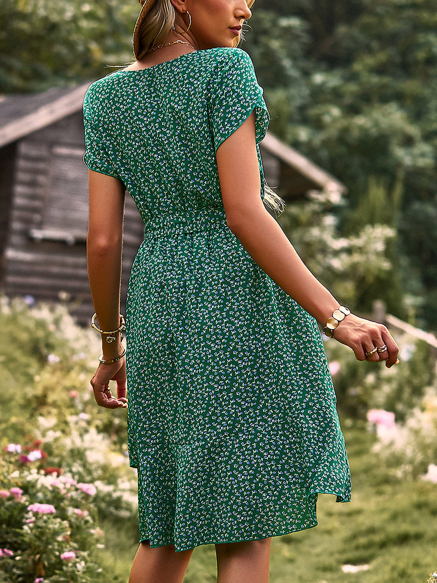 Women's Dresses Temperament Floral Casual Strap Waist Round Neck Mini Dress