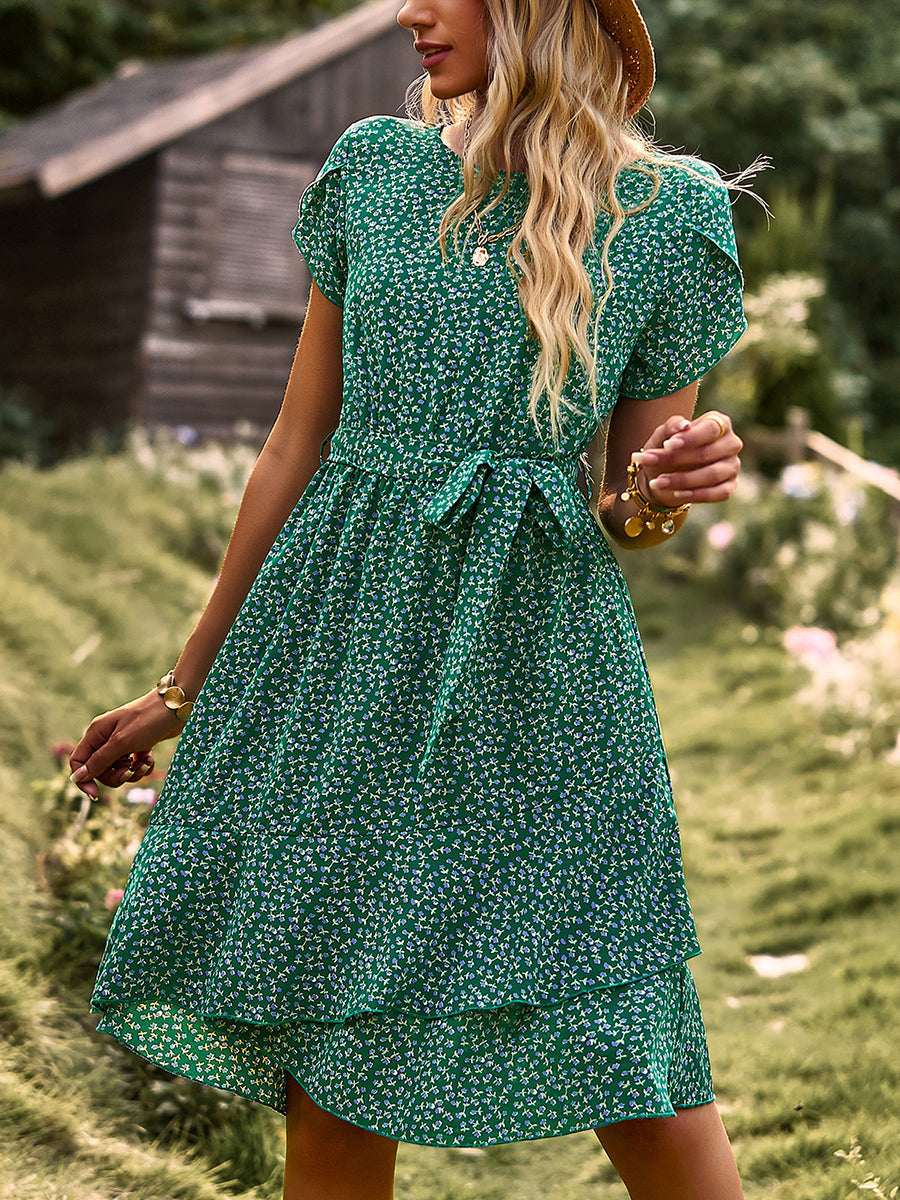 Women's Dresses Temperament Floral Casual Strap Waist Round Neck Mini Dress