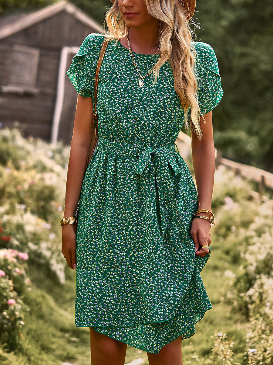 Women's Dresses Temperament Floral Casual Strap Waist Round Neck Mini Dress