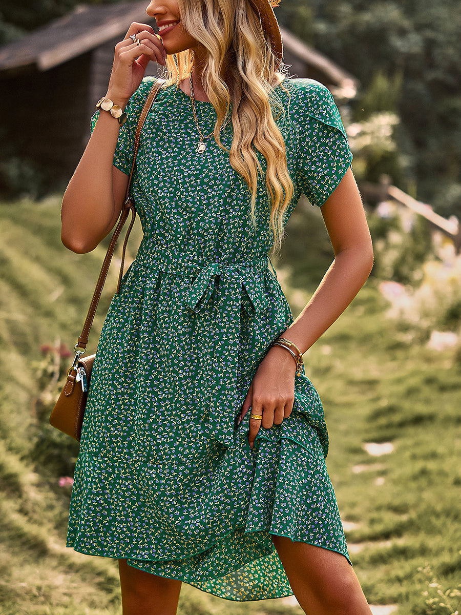 Women's Dresses Temperament Floral Casual Strap Waist Round Neck Mini Dress