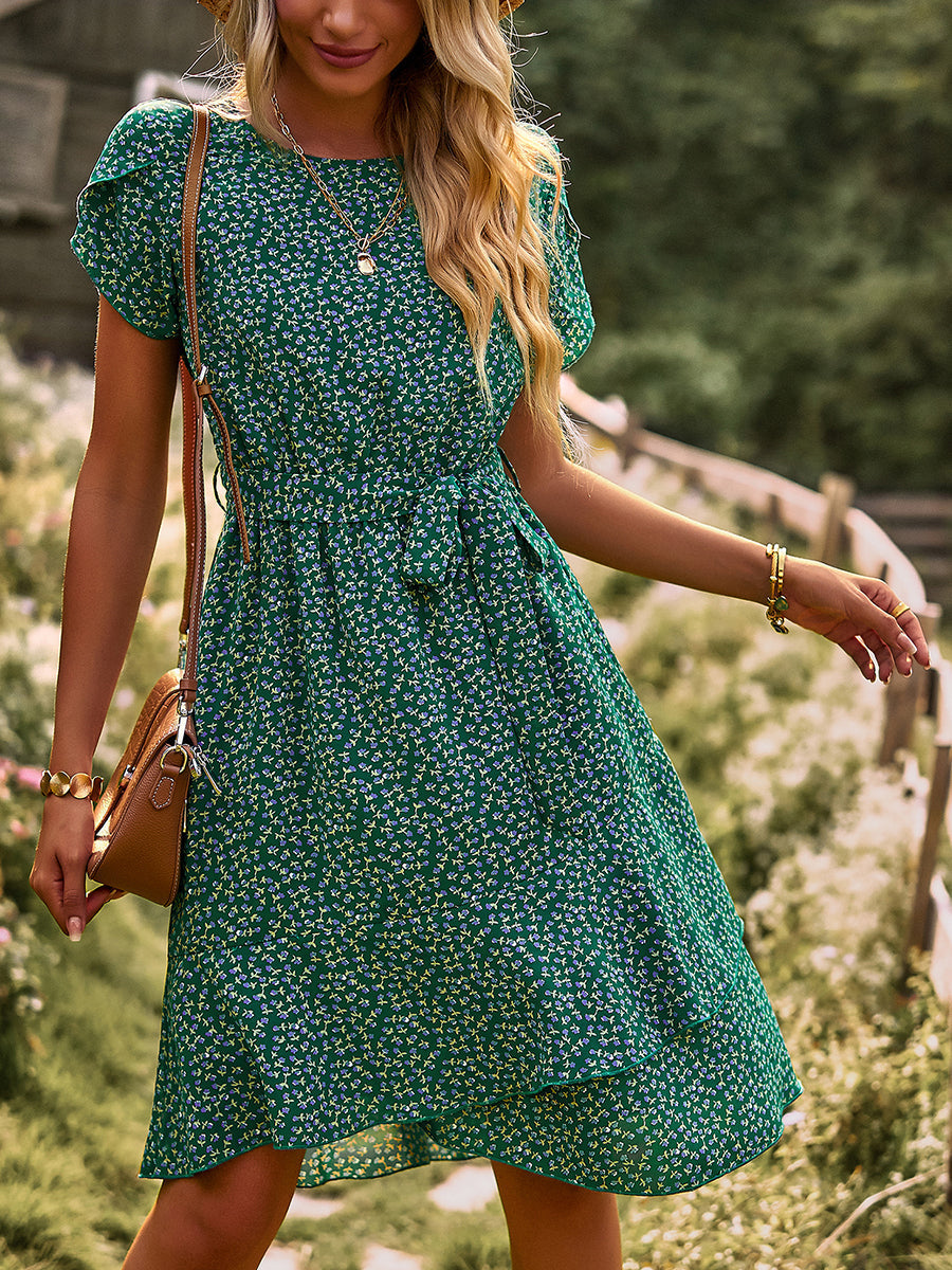 Women's Dresses Temperament Floral Casual Strap Waist Round Neck Mini Dress