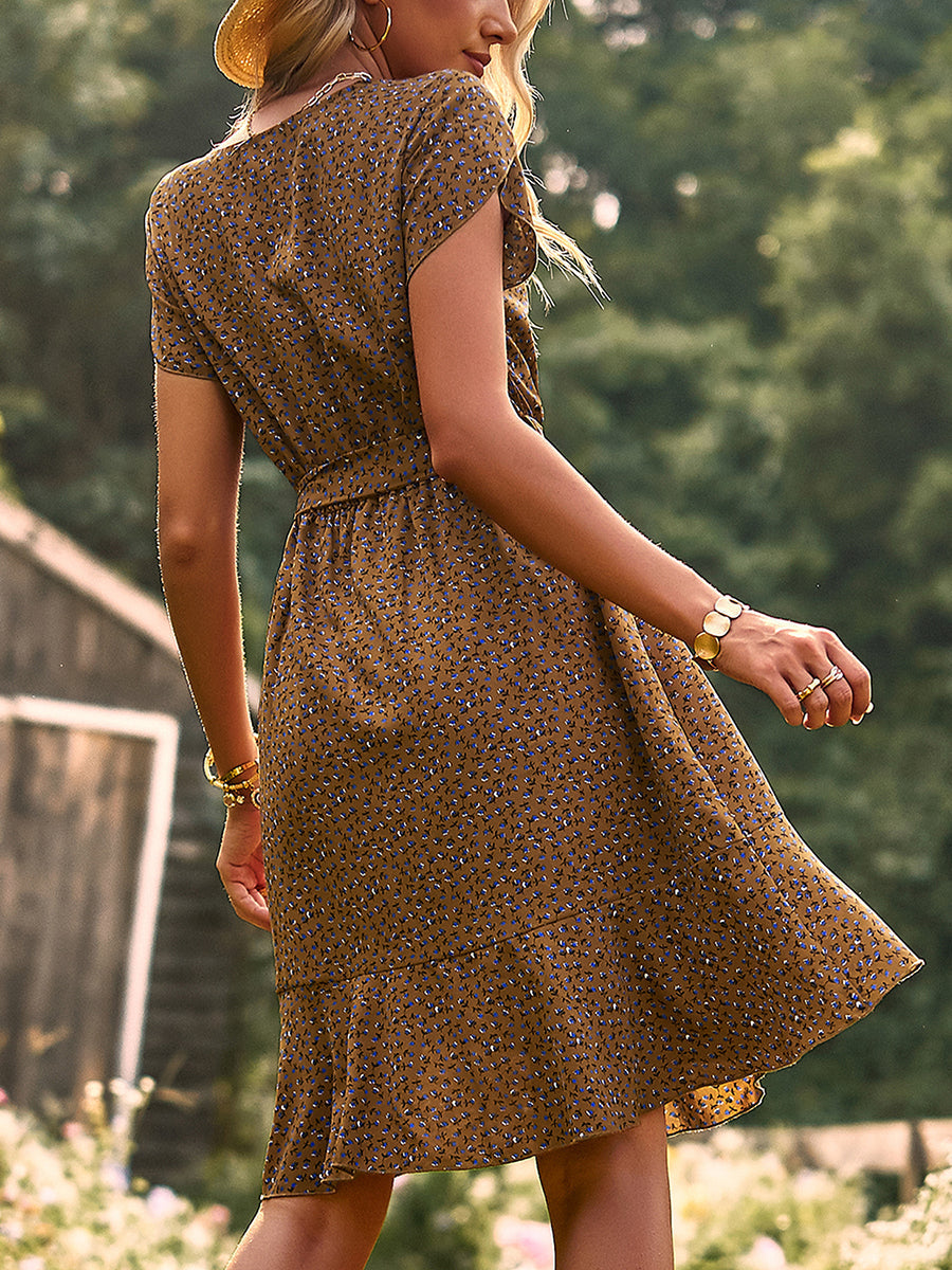 Women's Dresses Temperament Floral Casual Strap Waist Round Neck Mini Dress