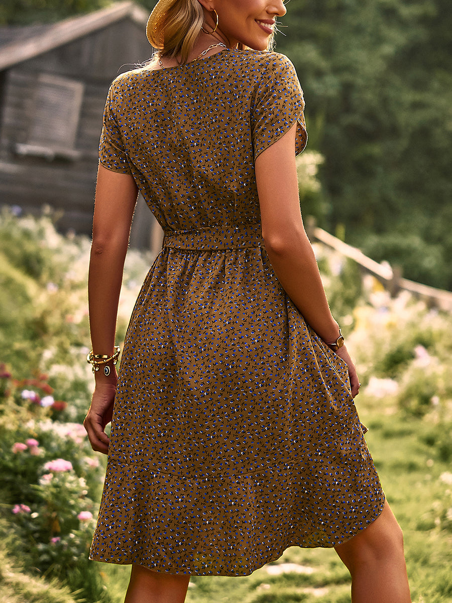 Women's Dresses Temperament Floral Casual Strap Waist Round Neck Mini Dress