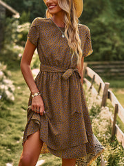 Women's Dresses Temperament Floral Casual Strap Waist Round Neck Mini Dress