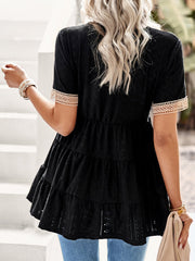 Women's T-Shirts V Neck Hollow Jacquard Short Sleeved T-Shirt