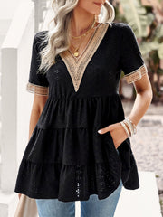 Women's T-Shirts V Neck Hollow Jacquard Short Sleeved T-Shirt