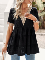 Women's T-Shirts V Neck Hollow Jacquard Short Sleeved T-Shirt
