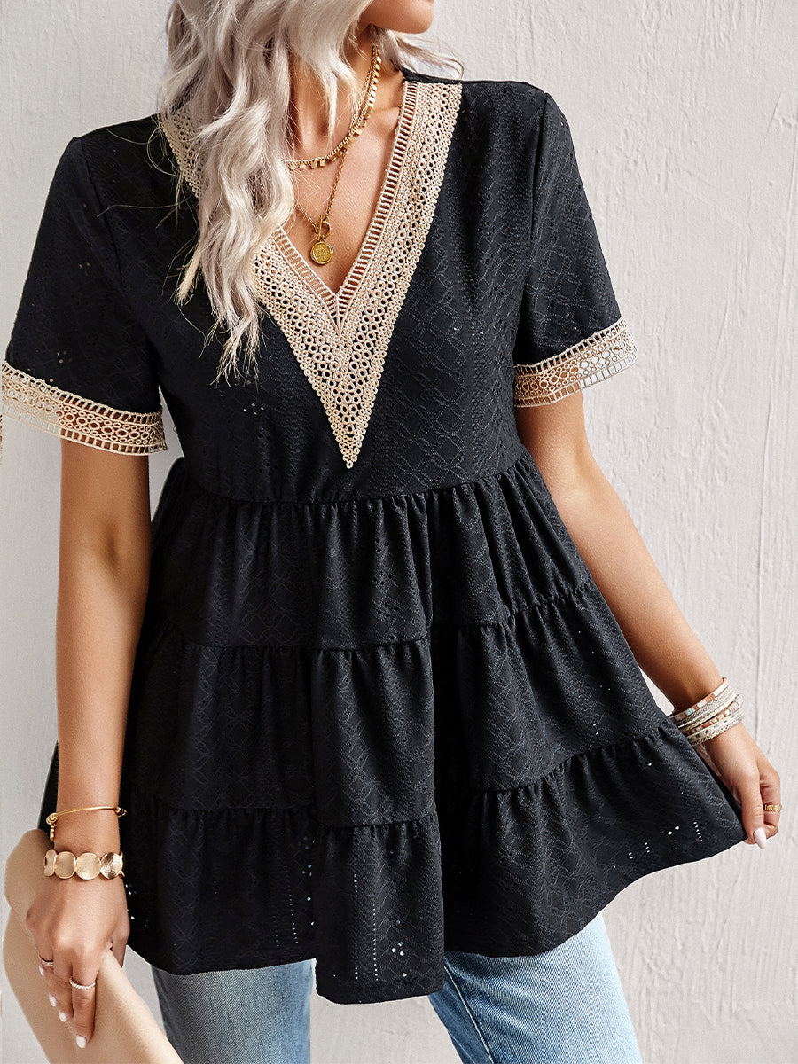 Women's T-Shirts V Neck Hollow Jacquard Short Sleeved T-Shirt
