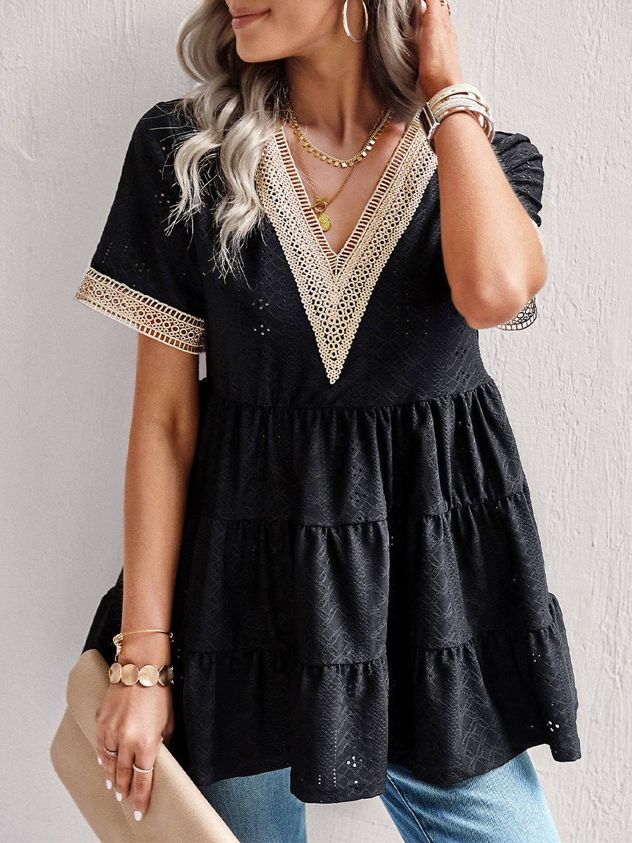 Women's T-Shirts V Neck Hollow Jacquard Short Sleeved T-Shirt