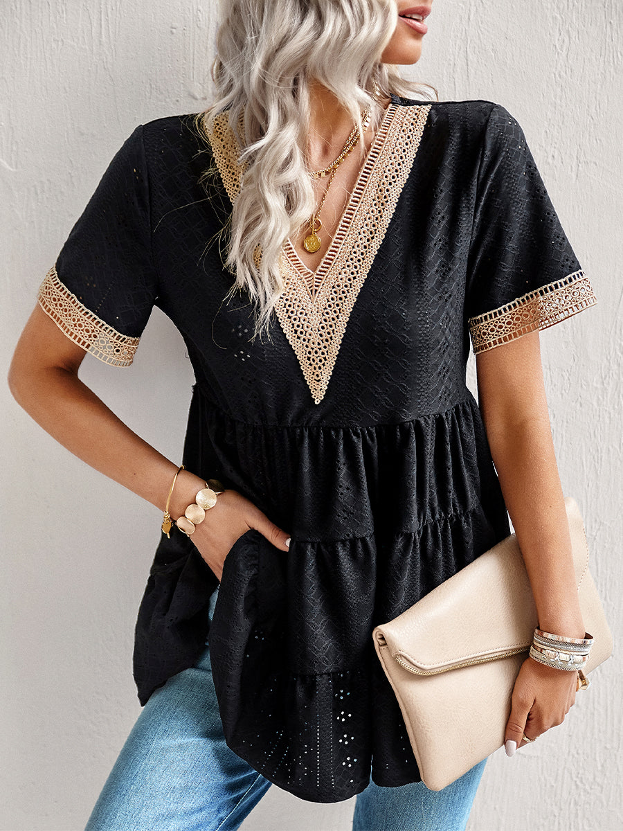 Women's T-Shirts V Neck Hollow Jacquard Short Sleeved T-Shirt