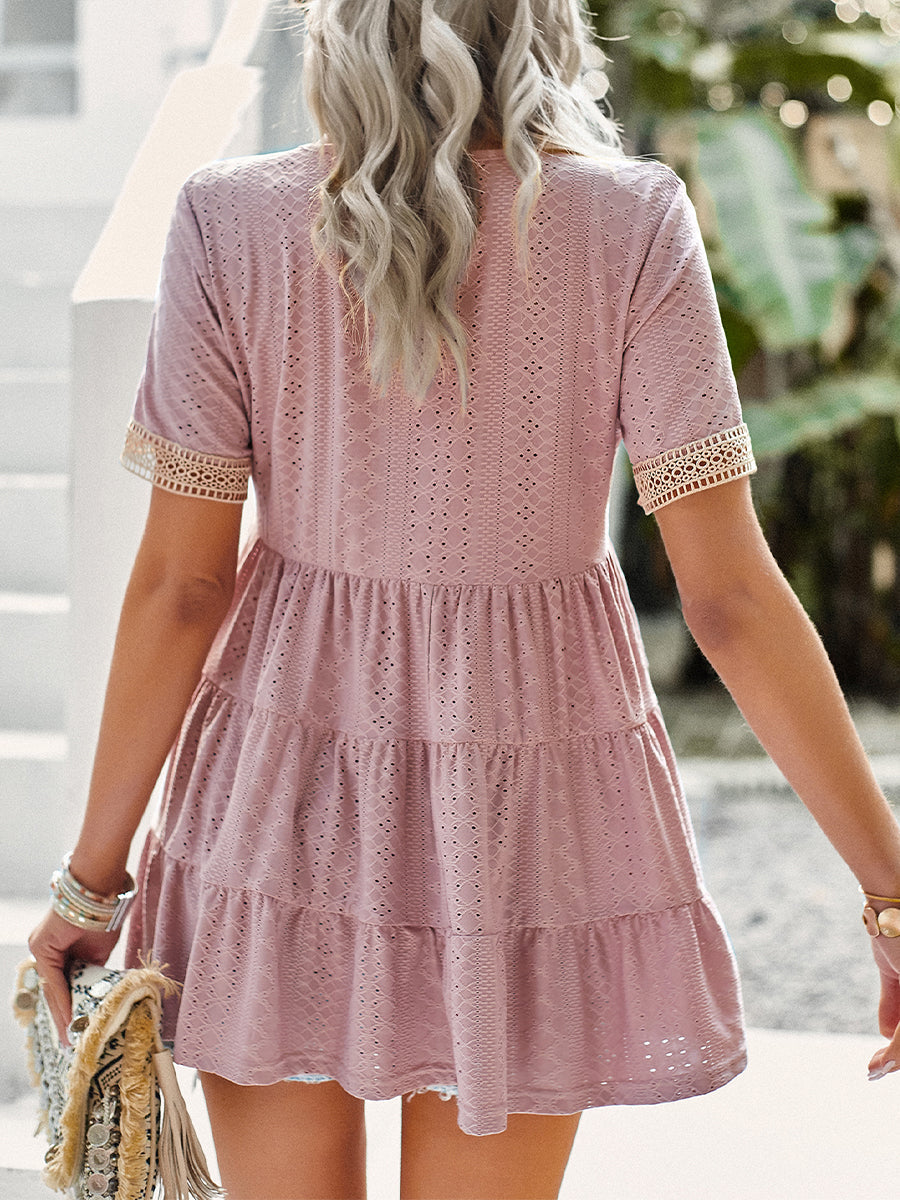 Women's T-Shirts V Neck Hollow Jacquard Short Sleeved T-Shirt