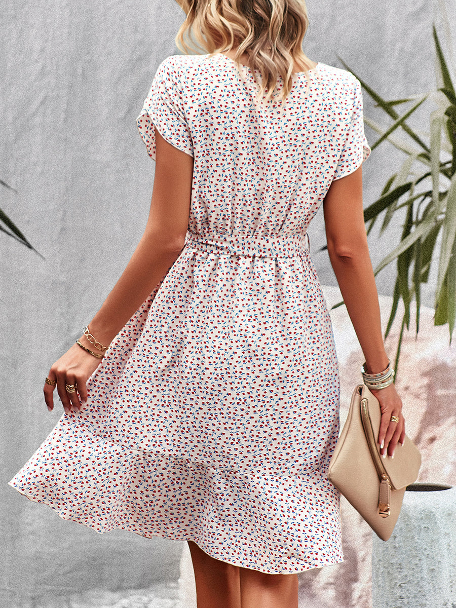 Women's Dresses Temperament Floral Casual Strap Waist Round Neck Mini Dress