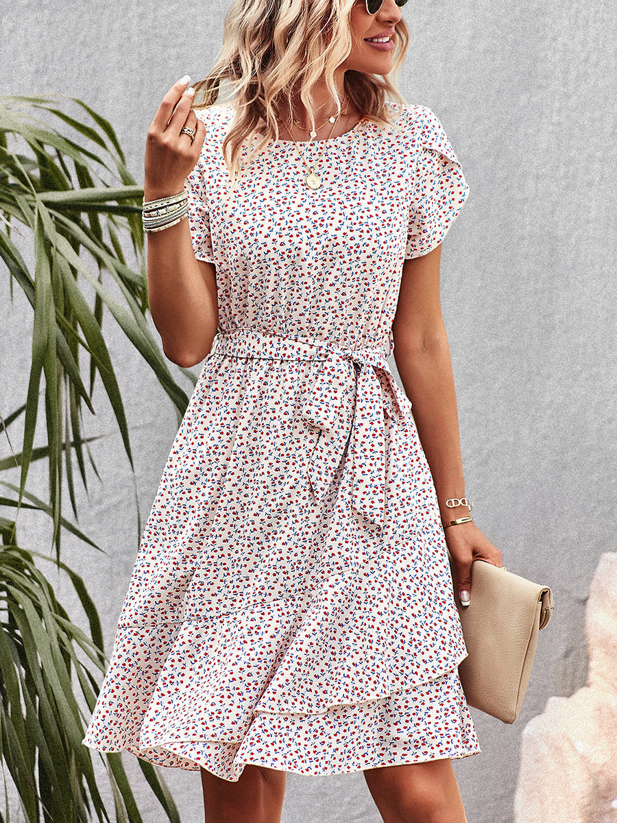 Women's Dresses Temperament Floral Casual Strap Waist Round Neck Mini Dress