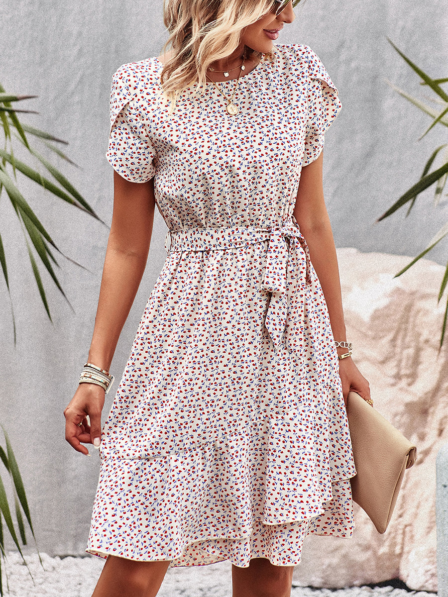 Women's Dresses Temperament Floral Casual Strap Waist Round Neck Mini Dress