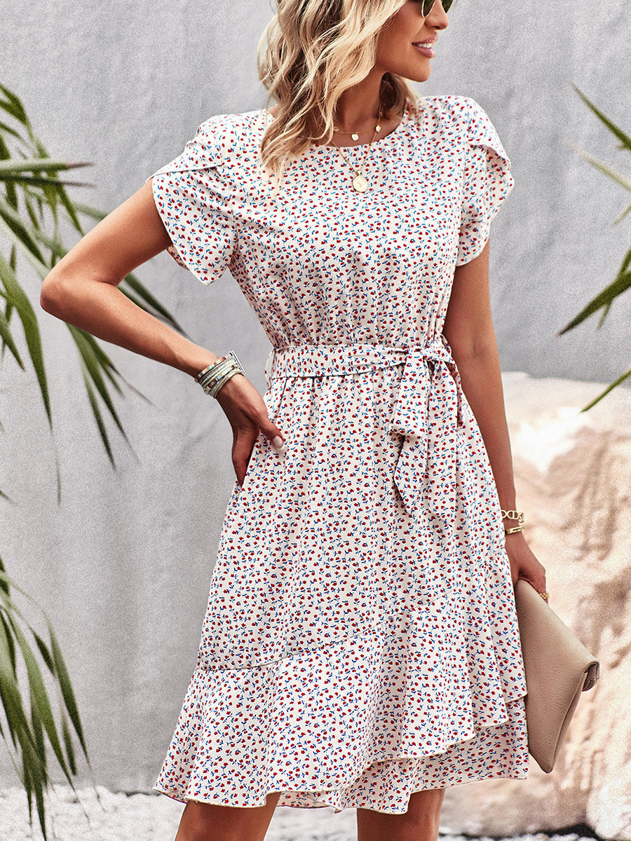 Women's Dresses Temperament Floral Casual Strap Waist Round Neck Mini Dress