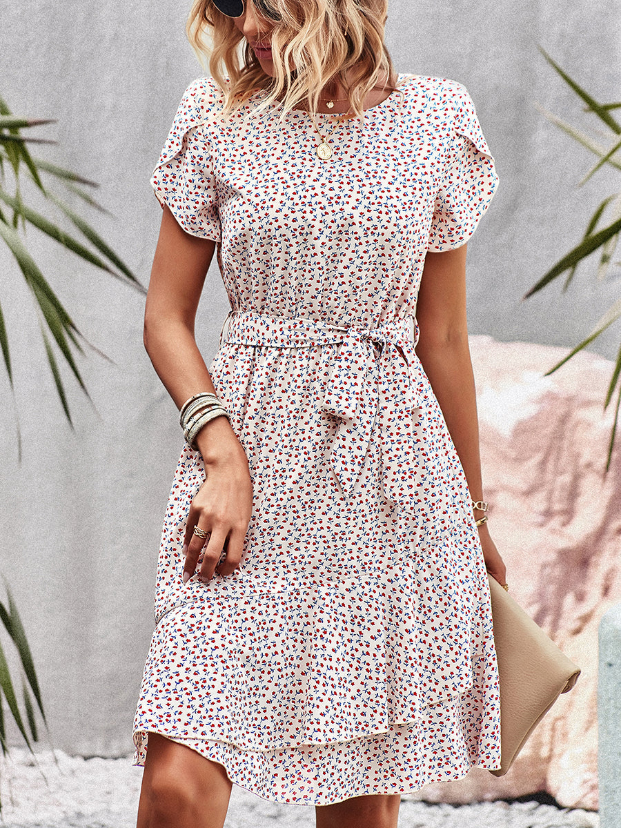 Women's Dresses Temperament Floral Casual Strap Waist Round Neck Mini Dress