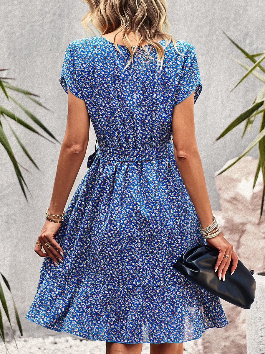 Women's Dresses Temperament Floral Casual Strap Waist Round Neck Mini Dress