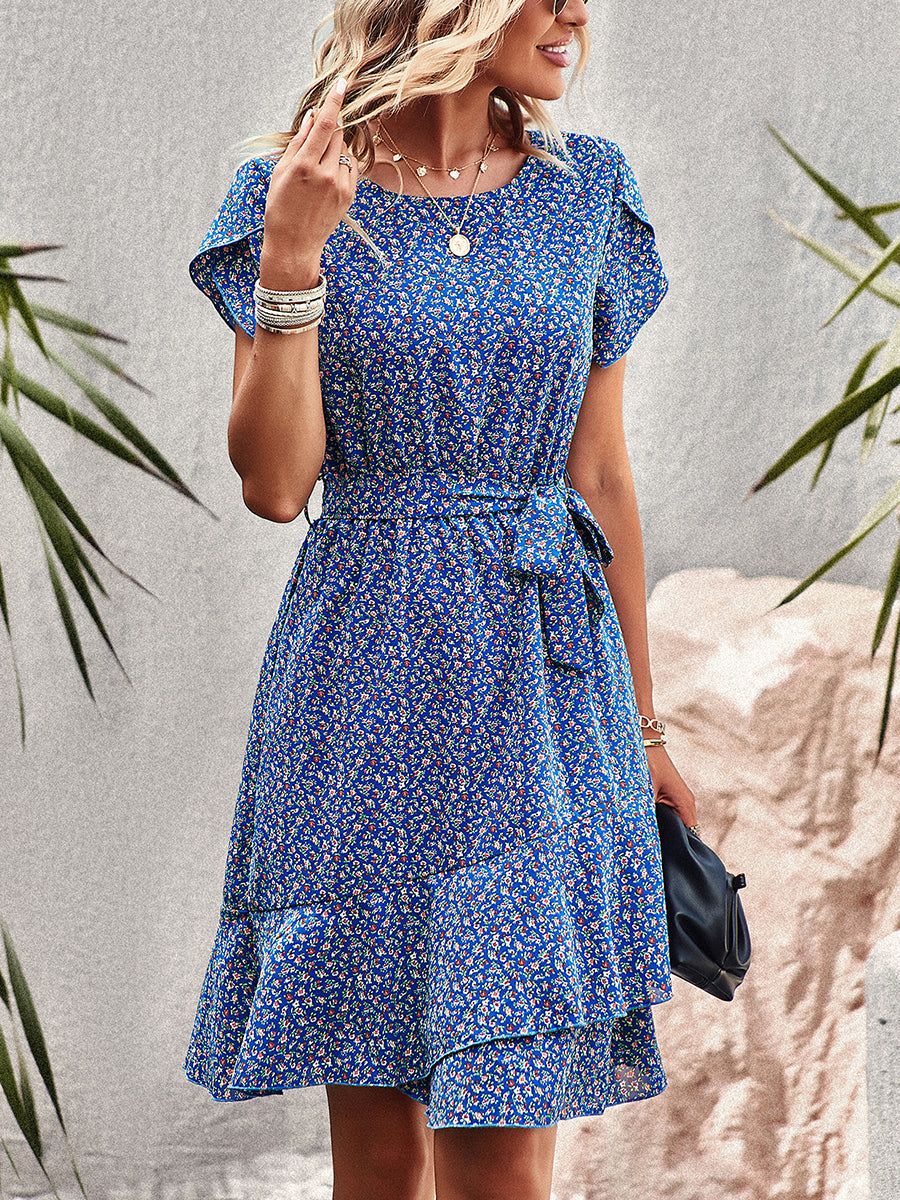 Women's Dresses Temperament Floral Casual Strap Waist Round Neck Mini Dress